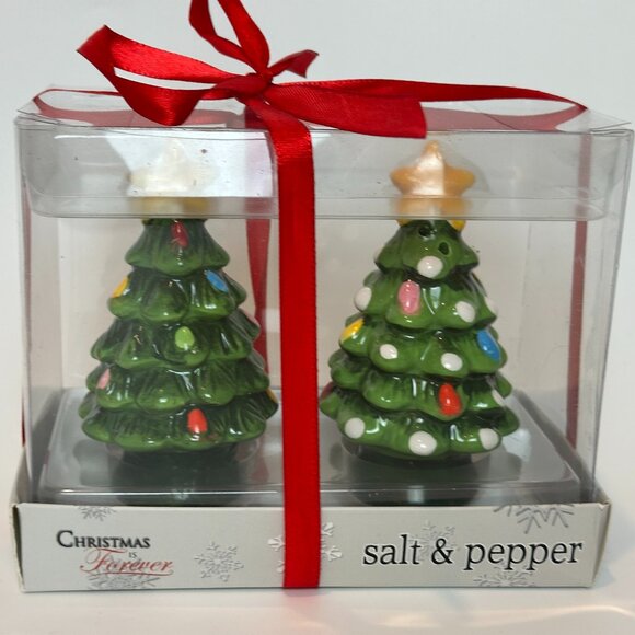 Christmas is Forever Holiday Tree Salt and Pepper Shaker Set NEW with TAGS - Picture 1 of 6